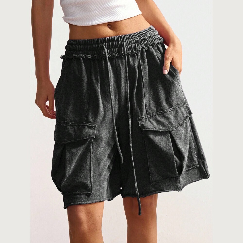 Black Raw-Edge Cargo Shorts with Drawstring Waist